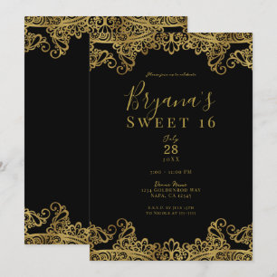Convites Preto e Dourado Renda Festa Elegante Doce 16 Anos