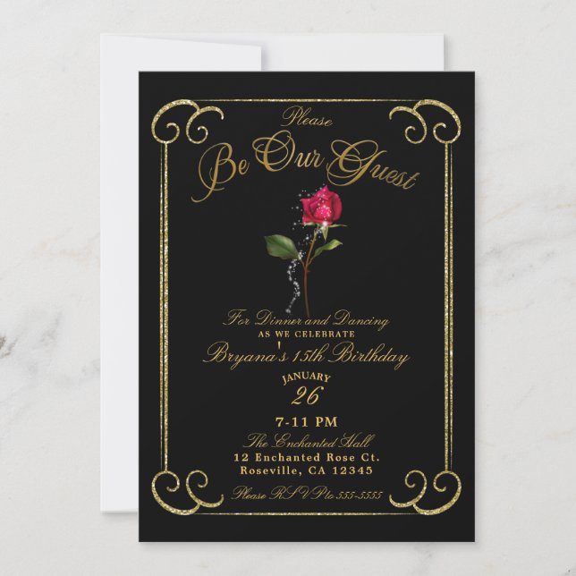 Convites Preto e Dourado Rosa Vermelha Beleza Aniversário d (Frente)