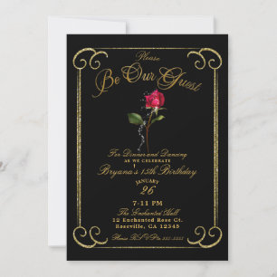 Convites Preto e Dourado Rosa Vermelha Beleza Aniversário d