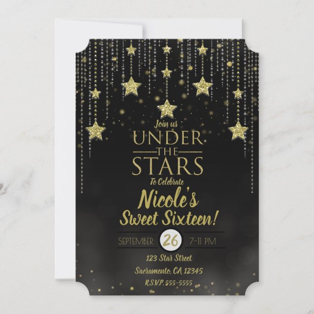 Convites Preto e Dourado Sob as Estrelas Estrelado Sweet 16 (Frente)