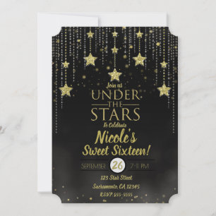 Convites Preto e Dourado Sob as Estrelas Estrelado Sweet 16