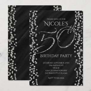 Convites Preto e Glitter Prateado Falso Glam 50 Aniversário