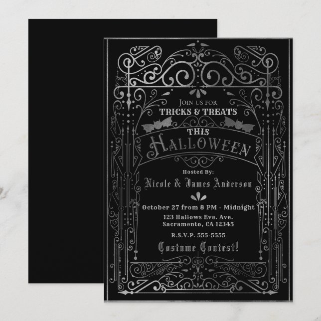 Convites Preto e Prata Deco Vitoriano Vintage Halloween (Frente/Verso)