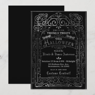 Convites Preto e Prata Deco Vitoriano Vintage Halloween