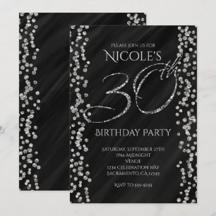 Convites Preto e Prata Falso Brilho Glam 30 Aniversário de 