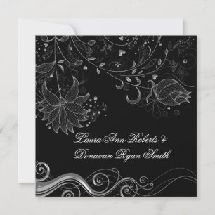 Convites Preto e Prata Ornata Floral Espirais Pós Casamento