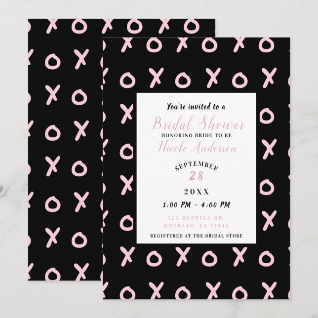 Convites Preto e Rosa Bebê X O XO XO's Chá de Bebê da Noiva (Frente/Verso)