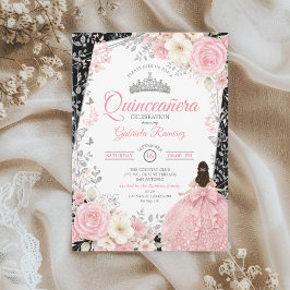 Convites Preto e Rosa Bege Quinceañera Borboleta Prateada