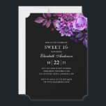 Convites Preto e roxo Doce 16. 16.º aniversário Floral<br><div class="desc">Black Sweet 16 aniversários com flores roxas de aquarela. Entre em contato comigo,  por favor,  se precisar de itens adicionais.</div>