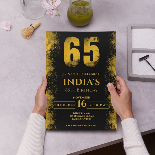 Convites Preto Elegante e Dourada 65ª Festa de aniversário (Criador carregado)