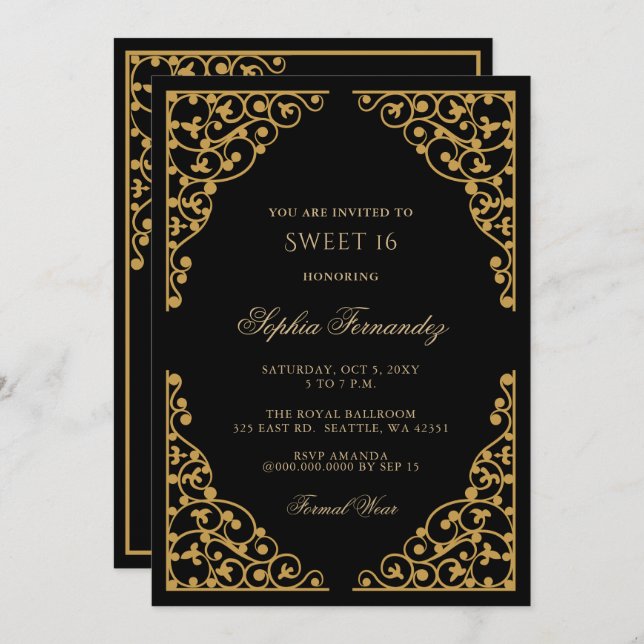Convites Preto Elegante e Dourado Sweet 16 (Frente/Verso)