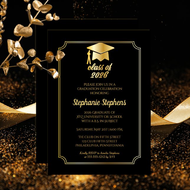 Convites Preto Elegante | Parte Formandos do Boné Dourado (Elegant Black | Gold Tone Grad Cap 2026 College University Graduation Party Invitation Print Digital)