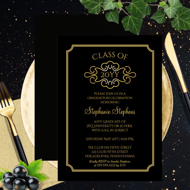 Convites Preto Elegante | Parte Formandos Dourada (Elegant Black | Gold Tone College University Graduation Announcement |Party Invitation Print Digital)