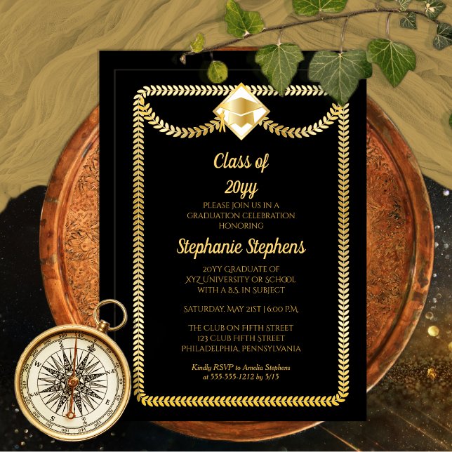 Convites Preto | Festa de formatura Dourada de serpentina (Elegant Black and Gold Tone Serpentine College University Graduation Party Invitation Print Digital)