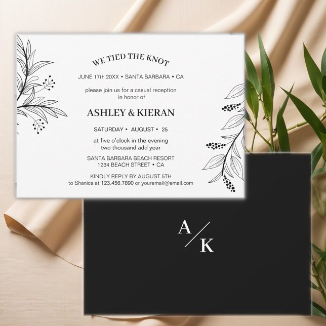 Convites Preto Floral e Branco Nós Ligamos a Recepção do Nó (Criador carregado)