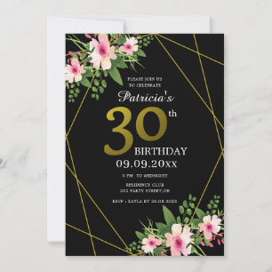 Convites Preto Floral Moderno E aniversário de 30 anos Dour