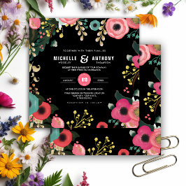 Convites Preto Floral Moderno | Rosa | Casamento de Teal