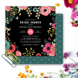 Convites Preto Floral Moderno | Rosa | Chá de panela teóric