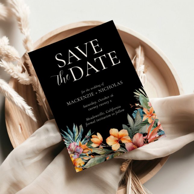 Convites Preto Floral Tropical Salvar a Data (tropical wedding save the date black)