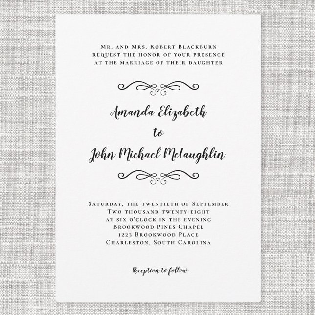 Convites Preto Formal Simples de Casamento Clássico de Scri (Elegant Script Classic Simple Formal Wedding Black Invitation)