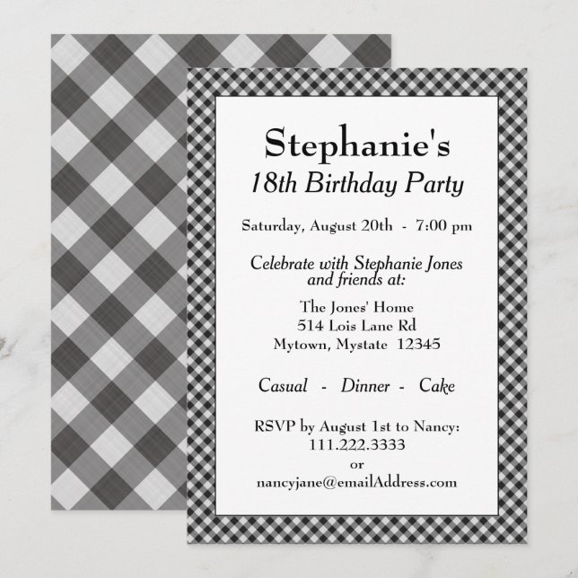 Convites Preto Gingham Verifica Padrão Para Todas As Ocasiõ (Frente/Verso)