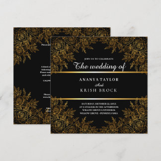 Convites Preto Glam e Floral Dourado, Casamento