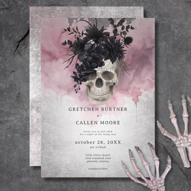 Convites Preto Gótico e Casamento com Aranha e Bat Crânio B (Gothic Black & Burgundy Skull Spider & Bat Wedding Invitation)