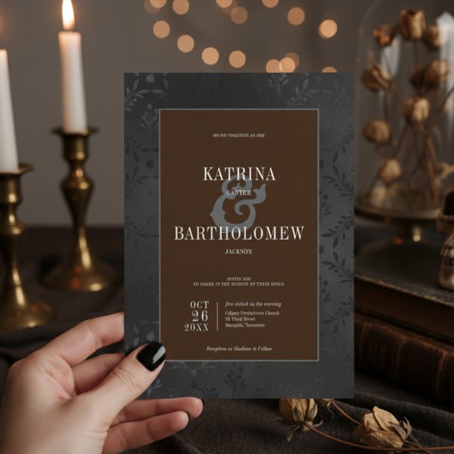 Convites Preto-Gótico Escuro Satin Damask Brown (Dark Gothic Black Floral Satin Damask Brown Invitation)