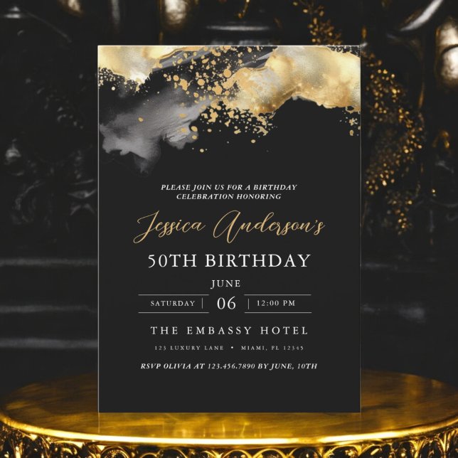 Convites Preto minimalista e Script Dourado 50º aniversário (Criador carregado)