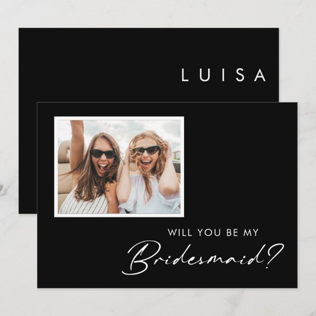 Convites Preto Minimalista Moderno | Photo Bridesmaid (Frente/Verso)