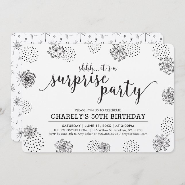 Convites Preto | Moderna Surpresa Floral 50ª Festa de anive (Frente/Verso)