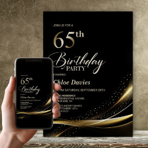 Convites Preto moderno e Dourada 65ª Festa de aniversário