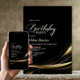 Convites Preto moderno e Festa de aniversário Dourada