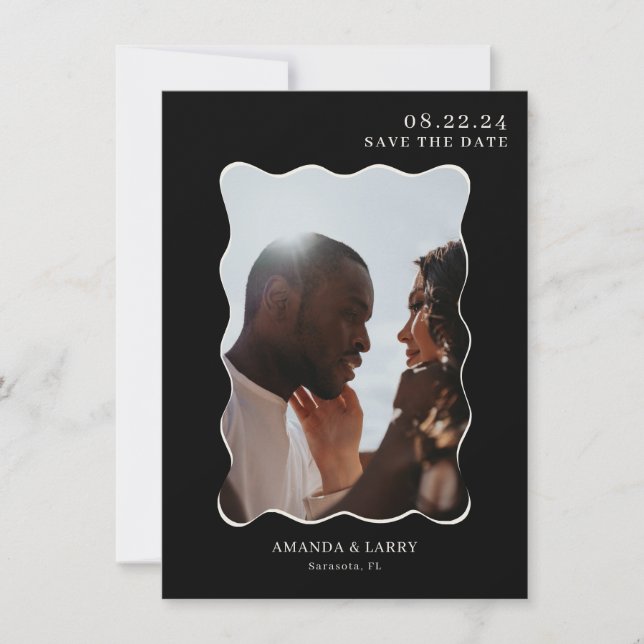 Convites Preto Moderno Ondulado Foto de Casamento Salvar a  (Frente)