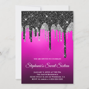Convites Preto Prata Brilho Magenta Roxo Ombre Sweet 16