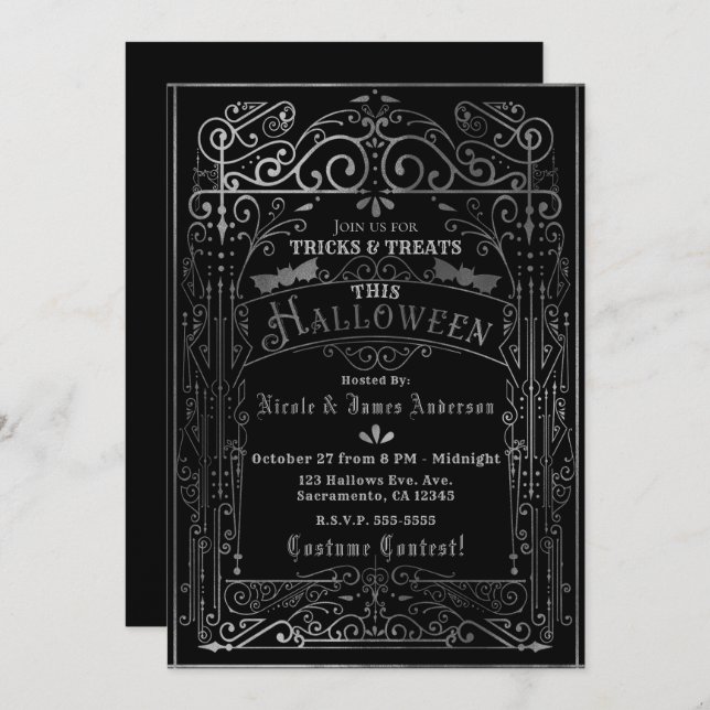 Convites Preto & Prata Deco Halloween Vitoriano Vintage (Frente/Verso)