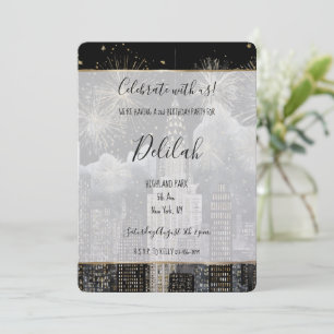 Convites Preto Prata Dourado Glam Fogo de Artifício Cidade 