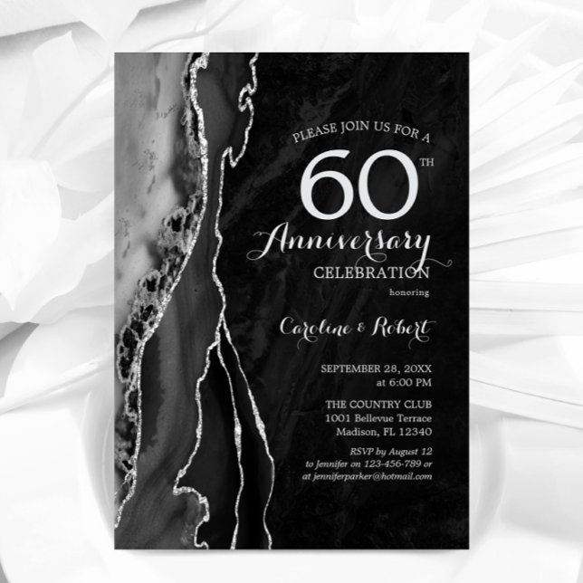 Convites Preto Prata Elegante 60º Aniversário (Criador carregado)