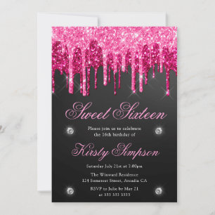 Convites Preto & Rosa Brilhante com Glitter Sweet Sixteen