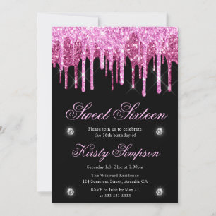 Convites Preto & Rosa com Glitter Pingando Doce Dezesseis