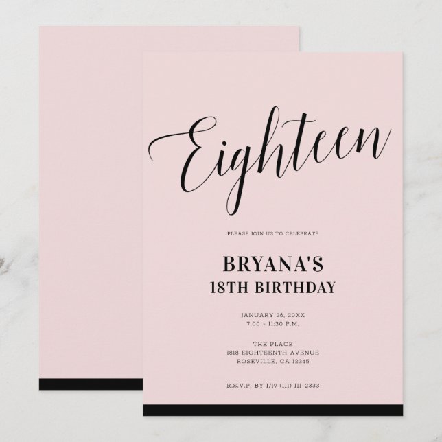 Convites Preto Rosa Moderno Mínimo Rascunho Dezoito 18 18º (Frente/Verso)