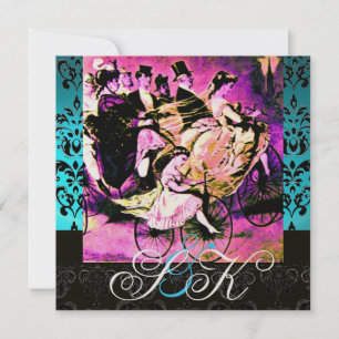 CONVITES PRETO ROSA ROXO BICICLETA CASAMENTO DAMASCO MONOGR