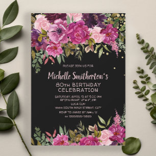 Convites Preto Rosa Roxo Floral Brilho 80º Aniversário