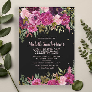 Convites Preto Rosa Roxo Floral Brilho Aniversário de 60 an