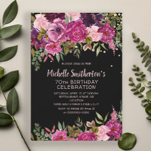 Convites Preto Rosa Roxo Floral Brilho Aniversário de 70 an