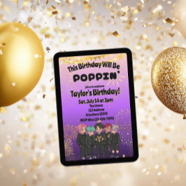 Convites Preto Roxo Dourado KPOP Garotos Poppin' Aniversári