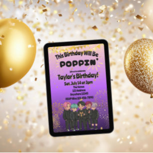 Convites Preto Roxo Dourado KPOP Garotos Poppin' Aniversári