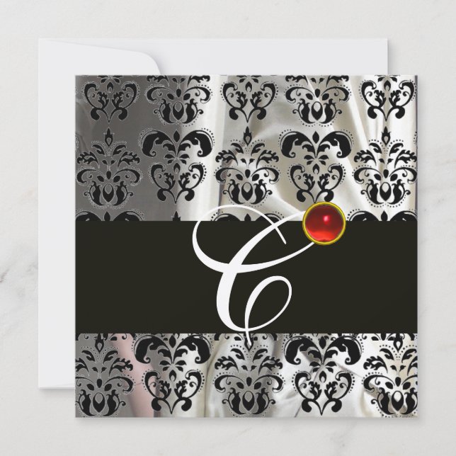 CONVITES PRETO TECIDO DE DAMASCO DE SEDA PRATA MONOGRAMA  R (Frente)