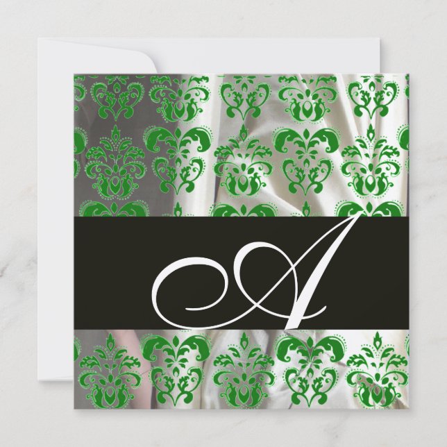Convites PRETO VERDE BRANCO SEDA DAMASCO MONOGRAMA Champanh (Frente)