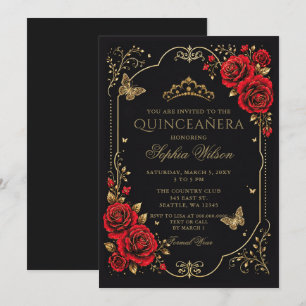 Convites Preto Vermelho Dourado Floral Borboleta Quinceaner